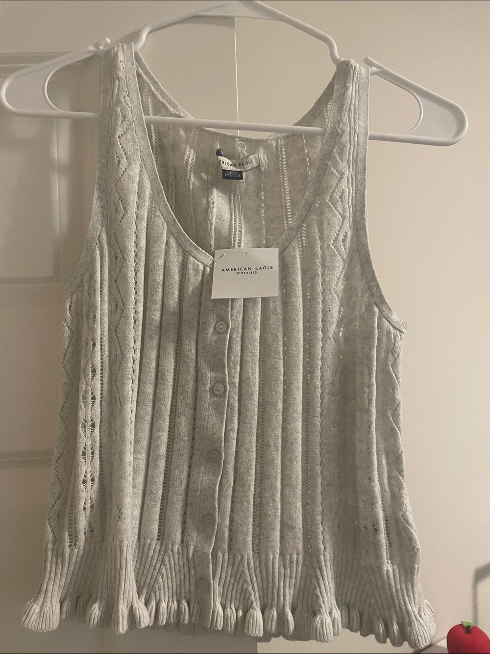 American Eagle Outfitters grey Cable-Knit Button Tank with Fringe